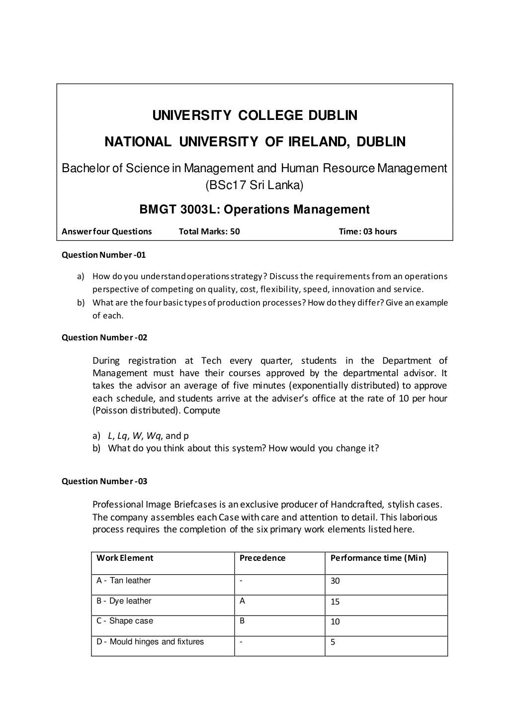 Operation Management Question paper