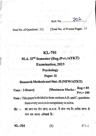Question Paper 2022 MA Psy Sem2 Research Methods and Stats 2