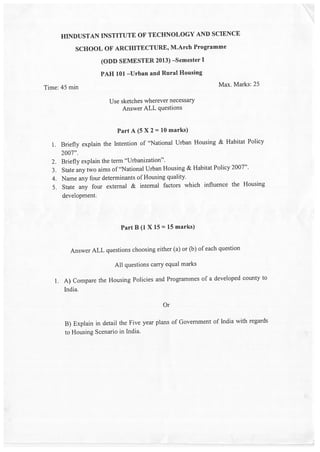M.Arch [General ] Question papers of Hindustan University