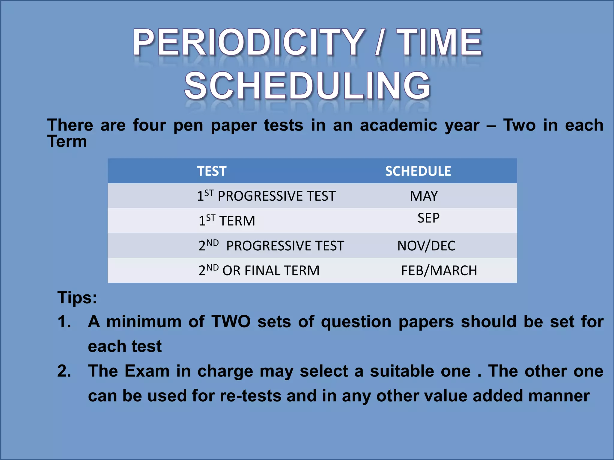 SEP
There are four pen paper tests in an academic year – Two in each
Term
Tips:
1. A minimum of TWO sets of question papers should be set for
each test
2. The Exam in charge may select a suitable one . The other one
can be used for re-tests and in any other value added manner
TEST SCHEDULE
1ST PROGRESSIVE TEST MAY
1ST TERM
2ND PROGRESSIVE TEST NOV/DEC
2ND OR FINAL TERM FEB/MARCH
 