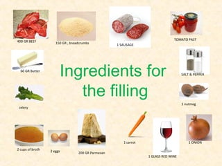 400 GR BEEF                                                                     TOMATO PAST
                     150 GR , breadcrumbs           1 SAUSAGE




  60 GR Butter
                       Ingredients for                                               SALT & PEPPER




                          the filling
                                                                                     1 nutmeg
 celery




                                                       1 carrot                          1 ONION
2 cups of broth   2 eggs          200 GR Parmesan
                                                                  1 GLASS RED WINE
 