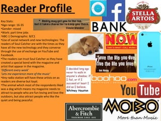 Reader Profile
Key Stats:
•Age range: 16-35
•Gender: mixed
•Work: part time jobs
•ABC-1 Demographic: B/C1
•Use of social network and new technologies: The
readers of Soul Catcher are with the times as they
have all the new technology and they converse
through the use of exchange on YouTube and
Facebook.
•The readers can trust Soul Catcher as they have
created a special bond with the magazine and
artist that appear in the magazine.
‘‘Different every week’Different every week’
‘‘Lets me experience more of the music’Lets me experience more of the music’
•Any radio station will have these artists on as
readers are diverse but loyal.
•The animal which most of the respondents liked
was a dog which means my magazine needs to
attract to people who are fun-loving and love the
outdoors, but also attract people who like the
quiet and being peaceful.
 