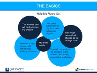 THE BASICS
Help Me Figure Out
The features that
will best optimize
my product
How many
customers will
pay for a new
features or
product
My brand
equity
Whether a new
product will
cannibalize
existing products
How much
demand will
change as we
change price
How will our product
will compete in the
current (and future)
competitive landscape
 