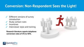 Conversion: Non-Respondent Sees the Light!
✓ Different versions of survey
introduction
✓ Study contact rules
✓ Incentives
✓ Interviewer style and training
Research literature reports telephone
conversion rates of 5% to 40%.
 