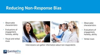 Reducing Non-Response Bias
Interviewers can gather information about non-respondents
• Observable
characteristics
• Evaluations of
engagement,
honesty, ability
• Visual and verbal
clues
• Observable
characteristics
• Evaluations of
engagement,
honesty, ability
• Verbal clues
 