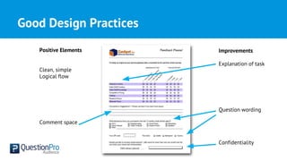 Good Design Practices
Improvements
Explanation of task
Question wording
Confidentiality
Positive Elements
Clean, simple
Logical flow
Comment space
 