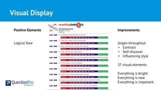 Visual Display
Positive Elements
Logical flow
Improvements
Jargon throughout
• Contract
• Self-discover
• Influencing style
37 visual elements
Everything is bright
Everything is new
Everything is important
 