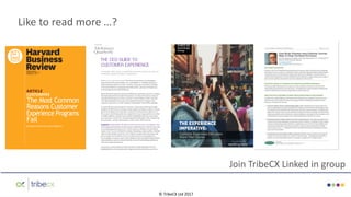 Like to read more …?
REPRINT H03D2O
PUBLISHED ON HBR.ORG
DECEMBER 28, 2016
ARTICLE
CUSTOMERS
The Most Common
Reasons Customer
Experience Programs
Fail
by Ryan Smith and Luke Williams
Join TribeCX Linked in group
© TribeCX Ltd 2017
 