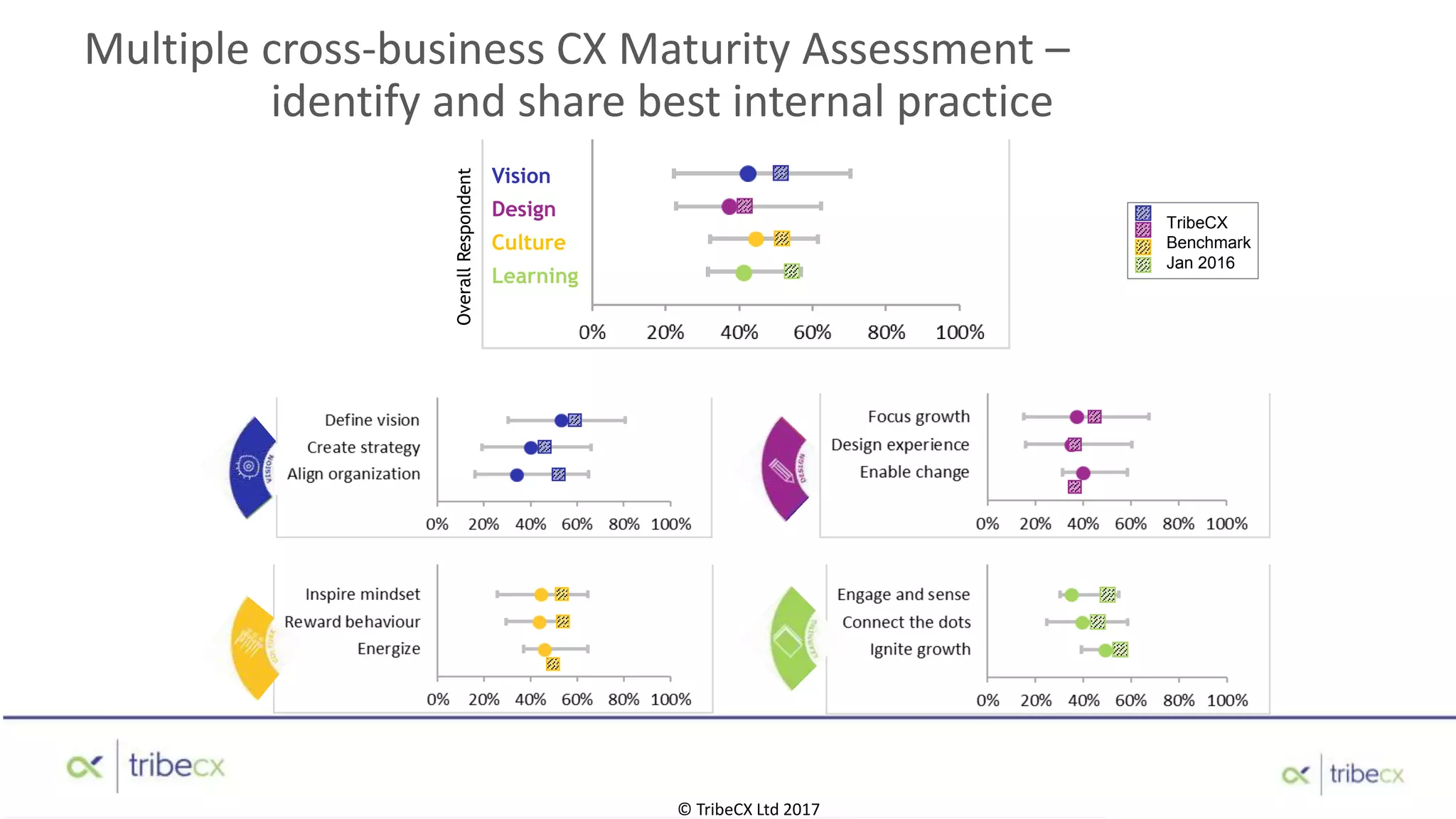 © TribeCX Ltd 2017
OverallRespondent
Vision
Design
Culture
Learning
TribeCX
Benchmark
Jan 2016
Multiple cross-business CX Maturity Assessment –
identify and share best internal practice
 