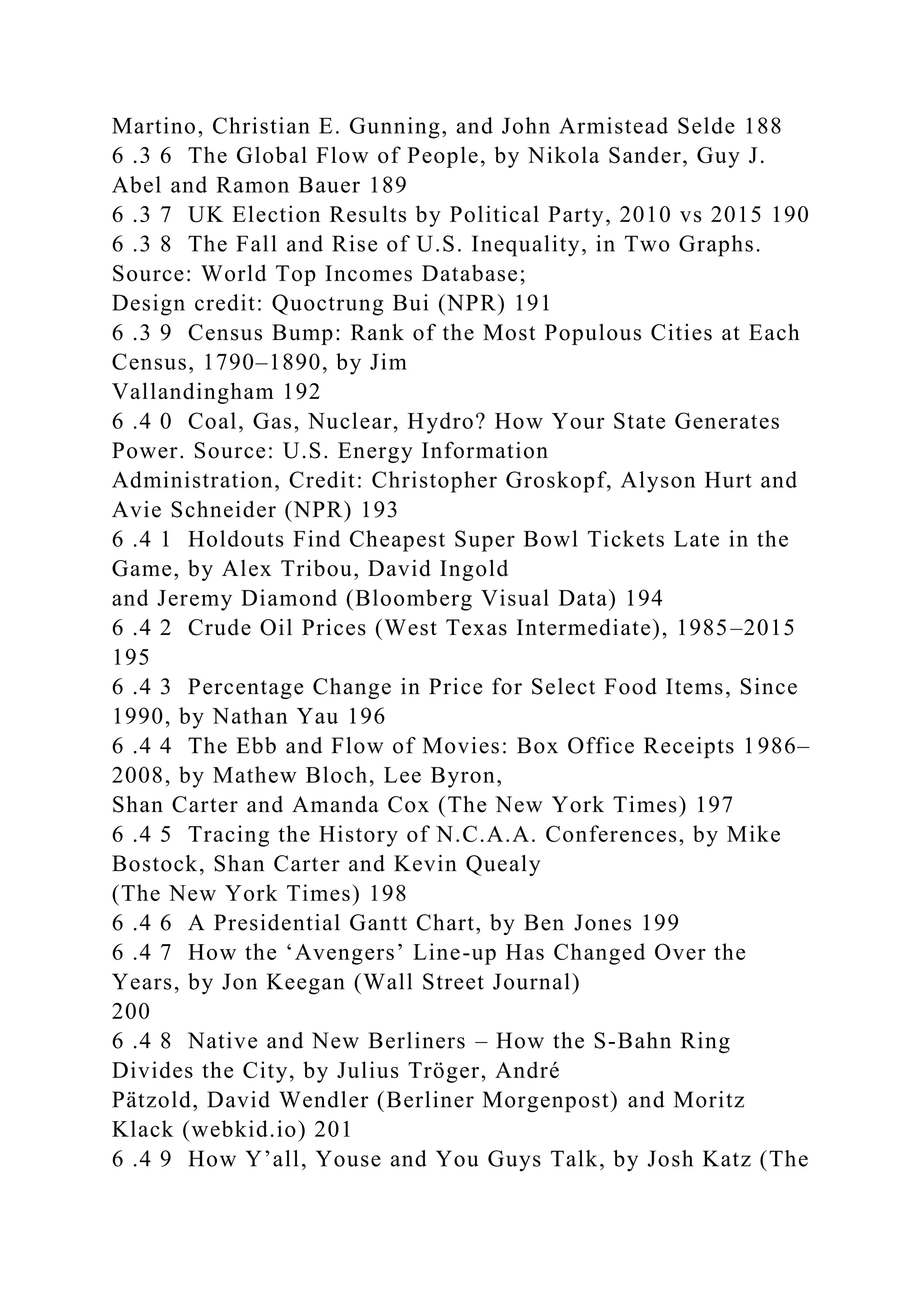 Martino, Christian E. Gunning, and John Armistead Selde 188
6 .3 6 The Global Flow of People, by Nikola Sander, Guy J.
Abel and Ramon Bauer 189
6 .3 7 UK Election Results by Political Party, 2010 vs 2015 190
6 .3 8 The Fall and Rise of U.S. Inequality, in Two Graphs.
Source: World Top Incomes Database;
Design credit: Quoctrung Bui (NPR) 191
6 .3 9 Census Bump: Rank of the Most Populous Cities at Each
Census, 1790–1890, by Jim
Vallandingham 192
6 .4 0 Coal, Gas, Nuclear, Hydro? How Your State Generates
Power. Source: U.S. Energy Information
Administration, Credit: Christopher Groskopf, Alyson Hurt and
Avie Schneider (NPR) 193
6 .4 1 Holdouts Find Cheapest Super Bowl Tickets Late in the
Game, by Alex Tribou, David Ingold
and Jeremy Diamond (Bloomberg Visual Data) 194
6 .4 2 Crude Oil Prices (West Texas Intermediate), 1985–2015
195
6 .4 3 Percentage Change in Price for Select Food Items, Since
1990, by Nathan Yau 196
6 .4 4 The Ebb and Flow of Movies: Box Office Receipts 1986–
2008, by Mathew Bloch, Lee Byron,
Shan Carter and Amanda Cox (The New York Times) 197
6 .4 5 Tracing the History of N.C.A.A. Conferences, by Mike
Bostock, Shan Carter and Kevin Quealy
(The New York Times) 198
6 .4 6 A Presidential Gantt Chart, by Ben Jones 199
6 .4 7 How the ‘Avengers’ Line-up Has Changed Over the
Years, by Jon Keegan (Wall Street Journal)
200
6 .4 8 Native and New Berliners – How the S-Bahn Ring
Divides the City, by Julius Tröger, André
Pätzold, David Wendler (Berliner Morgenpost) and Moritz
Klack (webkid.io) 201
6 .4 9 How Y’all, Youse and You Guys Talk, by Josh Katz (The
 