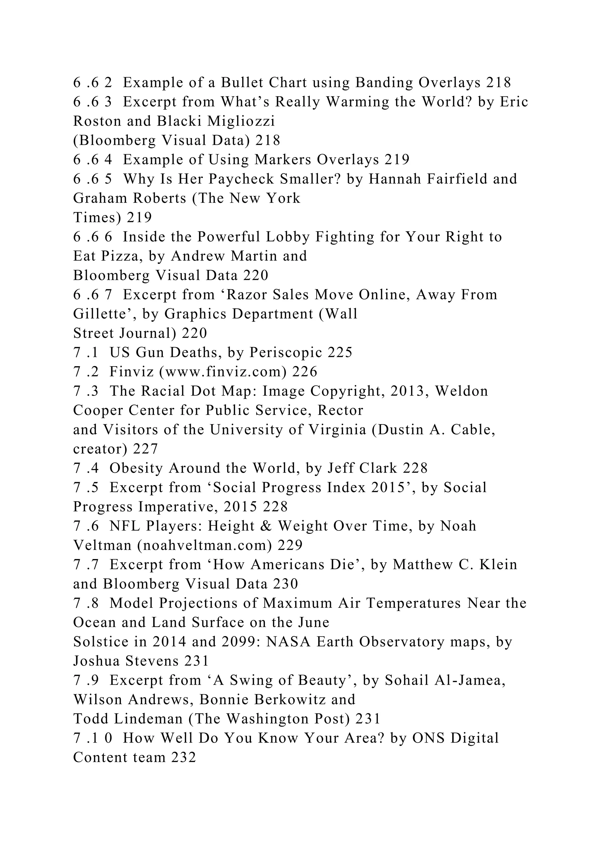 6 .6 2 Example of a Bullet Chart using Banding Overlays 218
6 .6 3 Excerpt from What’s Really Warming the World? by Eric
Roston and Blacki Migliozzi
(Bloomberg Visual Data) 218
6 .6 4 Example of Using Markers Overlays 219
6 .6 5 Why Is Her Paycheck Smaller? by Hannah Fairfield and
Graham Roberts (The New York
Times) 219
6 .6 6 Inside the Powerful Lobby Fighting for Your Right to
Eat Pizza, by Andrew Martin and
Bloomberg Visual Data 220
6 .6 7 Excerpt from ‘Razor Sales Move Online, Away From
Gillette’, by Graphics Department (Wall
Street Journal) 220
7 .1 US Gun Deaths, by Periscopic 225
7 .2 Finviz (www.finviz.com) 226
7 .3 The Racial Dot Map: Image Copyright, 2013, Weldon
Cooper Center for Public Service, Rector
and Visitors of the University of Virginia (Dustin A. Cable,
creator) 227
7 .4 Obesity Around the World, by Jeff Clark 228
7 .5 Excerpt from ‘Social Progress Index 2015’, by Social
Progress Imperative, 2015 228
7 .6 NFL Players: Height & Weight Over Time, by Noah
Veltman (noahveltman.com) 229
7 .7 Excerpt from ‘How Americans Die’, by Matthew C. Klein
and Bloomberg Visual Data 230
7 .8 Model Projections of Maximum Air Temperatures Near the
Ocean and Land Surface on the June
Solstice in 2014 and 2099: NASA Earth Observatory maps, by
Joshua Stevens 231
7 .9 Excerpt from ‘A Swing of Beauty’, by Sohail Al-Jamea,
Wilson Andrews, Bonnie Berkowitz and
Todd Lindeman (The Washington Post) 231
7 .1 0 How Well Do You Know Your Area? by ONS Digital
Content team 232
 