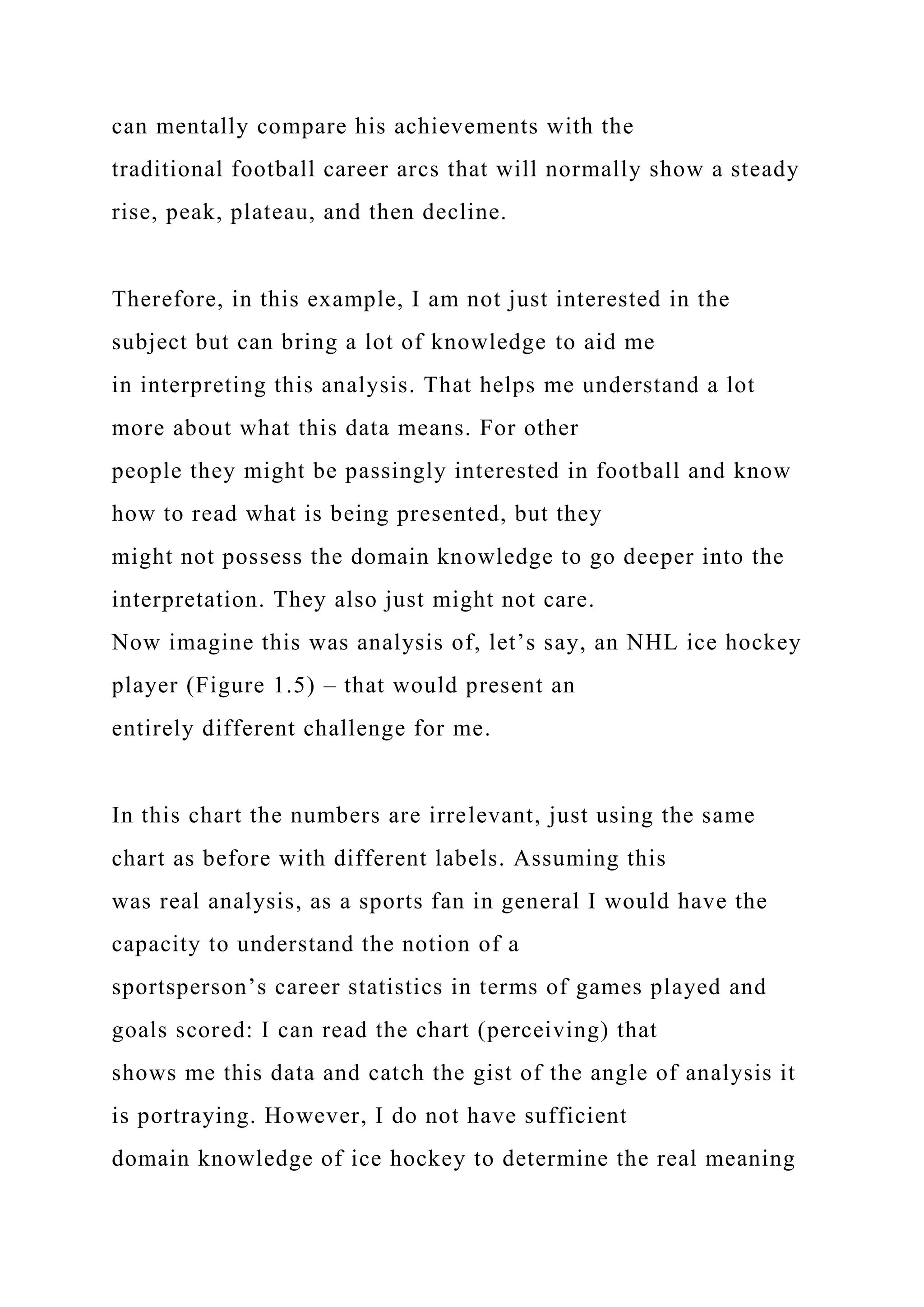 can mentally compare his achievements with the
traditional football career arcs that will normally show a steady
rise, peak, plateau, and then decline.
Therefore, in this example, I am not just interested in the
subject but can bring a lot of knowledge to aid me
in interpreting this analysis. That helps me understand a lot
more about what this data means. For other
people they might be passingly interested in football and know
how to read what is being presented, but they
might not possess the domain knowledge to go deeper into the
interpretation. They also just might not care.
Now imagine this was analysis of, let’s say, an NHL ice hockey
player (Figure 1.5) – that would present an
entirely different challenge for me.
In this chart the numbers are irrelevant, just using the same
chart as before with different labels. Assuming this
was real analysis, as a sports fan in general I would have the
capacity to understand the notion of a
sportsperson’s career statistics in terms of games played and
goals scored: I can read the chart (perceiving) that
shows me this data and catch the gist of the angle of analysis it
is portraying. However, I do not have sufficient
domain knowledge of ice hockey to determine the real meaning
 