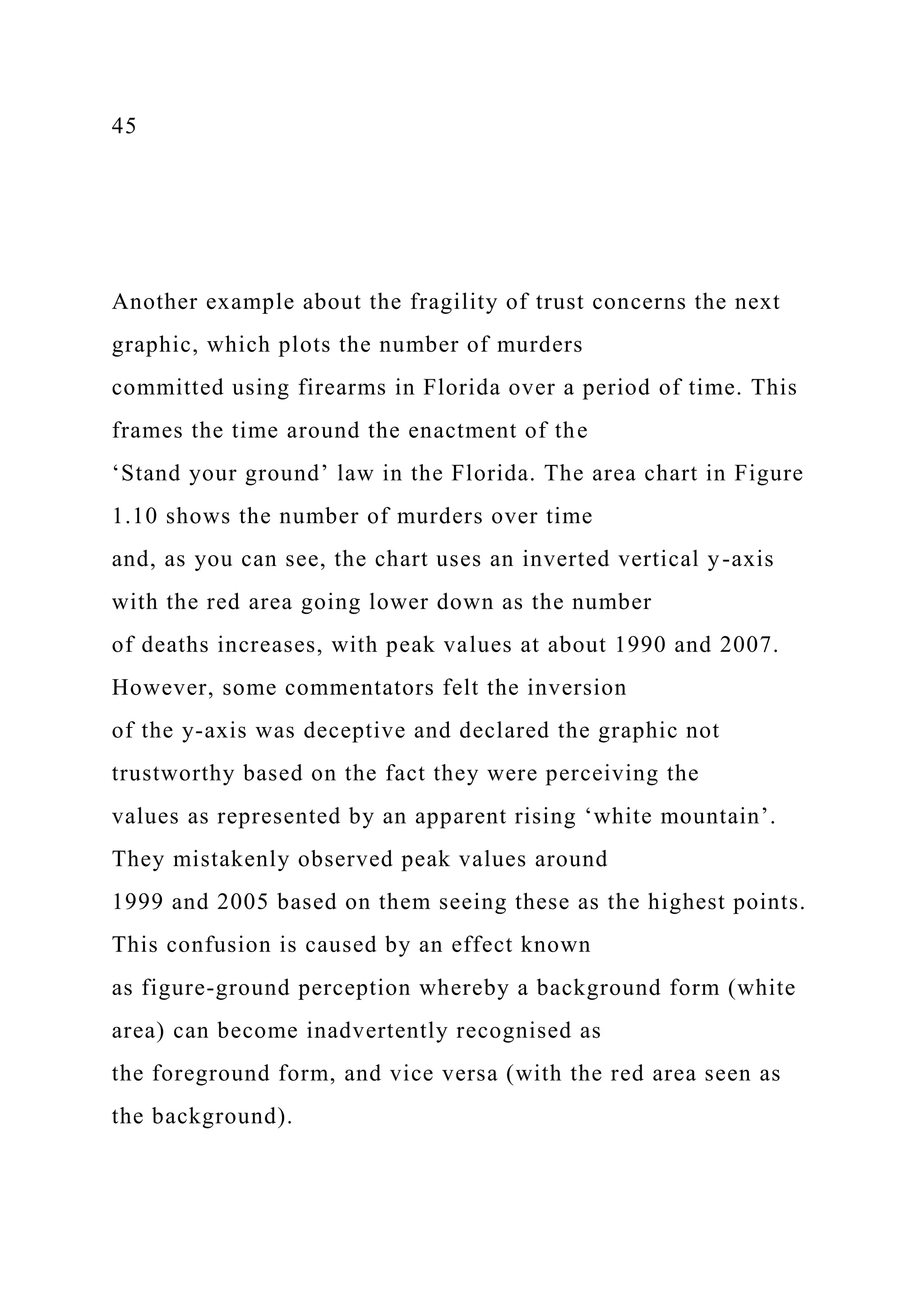 45
Another example about the fragility of trust concerns the next
graphic, which plots the number of murders
committed using firearms in Florida over a period of time. This
frames the time around the enactment of the
‘Stand your ground’ law in the Florida. The area chart in Figure
1.10 shows the number of murders over time
and, as you can see, the chart uses an inverted vertical y-axis
with the red area going lower down as the number
of deaths increases, with peak values at about 1990 and 2007.
However, some commentators felt the inversion
of the y-axis was deceptive and declared the graphic not
trustworthy based on the fact they were perceiving the
values as represented by an apparent rising ‘white mountain’.
They mistakenly observed peak values around
1999 and 2005 based on them seeing these as the highest points.
This confusion is caused by an effect known
as figure-ground perception whereby a background form (white
area) can become inadvertently recognised as
the foreground form, and vice versa (with the red area seen as
the background).
 