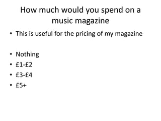 How much would you spend on a
           music magazine
• This is useful for the pricing of my magazine

•   Nothing
•   £1-£2
•   £3-£4
•   £5+
 