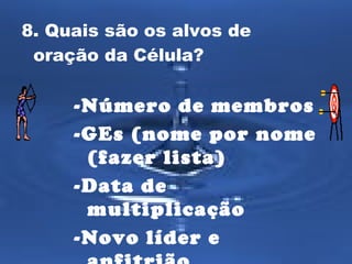 8. Quais são os alvos de
oração da Célula?

-Número de membros
-GEs (nome por nome
(fazer lista)
-Data de
multiplicação
-Novo líder e

 