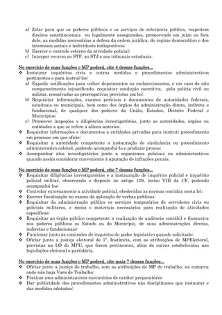a) Zelar para que os poderes públicos e os serviços de relevância pública, respeitem
direitos constitucionais ou legalmente assegurados, promovendo em juízo ou fora
dele, as medidas necessárias a defesa da ordem jurídica, do regime democrático e dos
interesses sociais e individuais indisponíveis;
b) Exercer o controle esterno da atividade policial;
c) Interpor recurso ao STF, ao STJ e aos tribunais estaduais.
No exercício de suas funções o MP poderá, cite 4 dessas funções...
 Instaurar inquéritos civis e outras medidas e procedimentos administrativos
pertinentes e para instruí-los:
a) Expedir notificações para colher depoimentos ou esclarecimentos, e em caso de não
comparecimento injustificado, requisitar condução coercitiva, pela polícia civil ou
militar, ressalvadas as prerrogativas previstas em lei;
b) Requisitar informações, exames periciais e documentos de autoridades federais,
estaduais ou municipais, bem como dos órgãos da administração direta, indireta e
fundacional, de qualquer dos poderes da União, Estados, Distrito Federal e
Municípios;
c) Promover inspeções e diligências investigatórias, junto as autoridades, órgãos ou
entidades a que se refere a alínea anterior.
 Requisitar informações e documentos a entidades privadas para instruir procedimento
em processo em que oficie;
 Requisitar a autoridade competente a instauração de sindicância ou procedimento
administrativo cabível, podendo acompanhá-lo e produzir provas;
 Acompanhar atos investigatórios junto a organismos policiais ou administrativos
quando assim considerar conveniente à apuração de infrações penais.
No exercício de suas funções o MP poderá, cite 7 dessas funções...
 Requisitar diligências investigatórias e a instauração de inquérito policial e inquérito
policial militar, observando o disposto no artigo 129, inciso VIII da CF, podendo
acompanhá-los;
 Controlar externamente a atividade policial, obedecidas as normas contidas nesta lei;
 Exercer fiscalização no exame da aplicação de verbas públicas;
 Requisitar da administração pública os serviços temporários de servidores civis ou
policiais militares, e meios e materiais necessários para realização de atividades
específicas;
 Requisitar ao órgão público competente a realização de auditoria contábil e financeira
nos poderes públicos os Estado ou do Município, de suas administrações diretas,
indiretas e fundacionais;
 Funcionar junto às comissões de inquérito do poder legislativo quando solicitado;
 Oficiar junto a justiça eleitoral de 1ª. Instância, com as atribuições de MPEleitoral,
previstas na LO do MPU, que forem pertinentes, além de outras estabelecidas nas
legislações eleitoral e partidária.
No exercício de suas funções o MP poderá, cite mais 7 dessas funções...
 Oficiar junto a justiça do trabalho, com as atribuições de MP do trabalho, na comarca
onde não haja Vara de Trabalho;
 Praticar atos administrativos executórios de caráter preparatório;
 Dar publicidade dos procedimentos administrativos não disciplinares que instaurar e
das medidas adotadas;

 