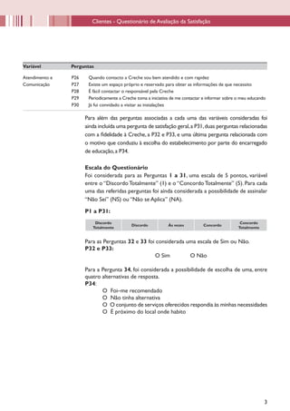 Clientes - Questionário de Avaliação da Satisfação




Variável        Perguntas

Atendimento e   P26    Quando contacto a Creche sou bem atendido e com rapidez
Comunicação     P27    Existe um espaço próprio e reservado para obter as informações de que necessito
                P28    É fácil contactar o responsável pela Creche
                P29    Periodicamente a Creche toma a iniciativa de me contactar e informar sobre o meu educando
                P30    Já fui convidado a visitar as instalações

                      Para além das perguntas associadas a cada uma das variáveis consideradas foi
                      ainda incluída uma pergunta de satisfação geral, a P31, duas perguntas relacionadas
                      com a fidelidade à Creche, a P32 e P33, e uma última pergunta relacionada com
                      o motivo que conduziu à escolha do estabelecimento por parte do encarregado
                      de educação, a P34.

                      Escala do Questionário
                      Foi considerada para as Perguntas 1 a 31, uma escala de 5 pontos, variável
                      entre o “Discordo Totalmente” (1) e o “Concordo Totalmente” (5). Para cada
                      uma das referidas perguntas foi ainda considerada a possibilidade de assinalar
                      “Não Sei” (NS) ou “Não se Aplica” (NA).

                      P1 a P31:
                          Discordo                                                                 Concordo
                                            Discordo           Às vezes         Concordo
                         Totalmente                                                               Totalmente


                      Para as Perguntas 32 e 33 foi considerada uma escala de Sim ou Não.
                      P32 e P33:
                                                   O Sim         O Não

                      Para a Pergunta 34, foi considerada a possibilidade de escolha de uma, entre
                      quatro alternativas de resposta.
                      P34:
                             O Foi–me recomendado
                             O Não tinha alternativa
                             O O conjunto de serviços oferecidos respondia às minhas necessidades
                             O É próximo do local onde habito




                                                                                                               3
 