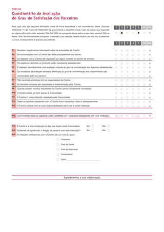 CRECHE
Questionário de Avaliação
do Grau de Satisfação dos Parceiros

Para cada uma das seguintes afirmações avalie de forma espontânea a sua concordância, desde "Discordo             1   2   3   4   5   NS   NA
Totalmente" (1) até "Concordo Totalmente" (5), preenchendo o respectivo círculo. Caso não saiba o que responder
em alguma afirmação, pode assinalar "Não Sei" (NS), se a pergunta não se aplica ao seu caso, assinale "Não se
Aplica" (NA). Se eventualmente se enganar a assinalar a sua resposta, deverá riscá-la com uma cruz e preencher
o círculo correspondente à resposta que pretende.
                                                                                                                  1   2   3   4   5   NS   NA


P1    Recebem regularmente informação sobre as actividades da Creche.
P2    As comunicações com a Creche são feitas principalmente por escrito.
P3    As relações com a Creche são reguladas por algum contrato ou acordo de serviços.
P4    Os objectivos definidos no protocolo estão claramente estabelecidos.
P5    É realizada periodicamente uma avaliação conjunta do grau de concretização dos objectivos estabelecidos.
P6    Os resultados da avaliação periódica efectuada ao grau de concretização dos compromissos são

      comunicados pelo seu parceiro.
P7    Têm reuniões periódicas com os responsáveis da Creche.
P8    As decisões tomadas são respeitadas e implementadas pela Creche.
P9    Quando existem eventos importantes na Creche somos oficialmente convidados.
P10   A Creche presta um bom serviço à Comunidade.
P11   A Creche é uma instituição respeitada pela Comunidade.
P12   Todas as questões existentes com a Creche foram resolvidos a bem e atempadamente.
P13   A Creche cumpre com as suas responsabilidades para com a vossa instituição.



P14   Considerando todos os aspectos, estão satisfeitos com a parceria estabelecida com esta instituição.



P15   A Creche é a única instituição do tipo que existe nesta Comunidade.            Sim              Não

P16   Gostariam de aprofundar a relação de parceria com esta Instituição?            Sim              Não

P17   As relações institucionais com a Creche são ao nível do apoio:

                                                       Financeiro

                                                       Área da Saúde

                                                       Área da Segurança

                                                       Contabilístico

                                                       Outro:________________________________




                                                           Agradecemos a sua colaboração
 
