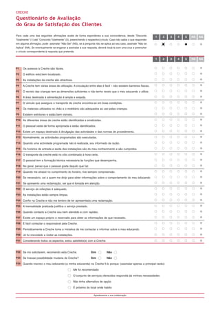 CRECHE
Questionário de Avaliação
do Grau de Satisfação dos Clientes

Para cada uma das seguintes afirmações avalie de forma espontânea a sua concordância, desde "Discordo             1     2   3   4   5   NS   NA
Totalmente" (1) até "Concordo Totalmente" (5), preenchendo o respectivo círculo. Caso não saiba o que responder
em alguma afirmação, pode assinalar "Não Sei" (NS), se a pergunta não se aplica ao seu caso, assinale "Não se
Aplica" (NA). Se eventualmente se enganar a assinalar a sua resposta, deverá riscá-la com uma cruz e preencher
o círculo correspondente à resposta que pretende.

                                                                                                                  1     2   3   4   5   NS   NA


P1    Os acessos à Creche são fáceis.
P2    O edifício está bem localizado.
P3    As instalações da creche são atractivas.
P4    A Creche tem várias áreas de utilização. A circulação entre elas é fácil – não existem barreiras físicas.
P5    O recreio das crianças tem as dimensões suficientes e não tenho receio que o meu educando o utilize.
P6    A área destinada à alimentação é ampla e arejada.
P7    O veículo que assegura o transporte da creche encontra-se em boas condições.
P8    Os materiais utilizados no chão e o mobiliário são adequados ao uso pelas crianças.
P9    Existem extintores e estão bem visíveis.
P10   As diferentes áreas da creche estão identificadas e sinalizadas.
P11   O pessoal veste de forma apropriada e estão identificados.
P12   Existe um espaço destinado à divulgação das actividades e das normas de procedimento.
P13   Normalmente, as actividades programadas são executadas.
P14   Quando uma actividade programada não é realizada, sou informado da razão.
P15   Os horários de entrada e saída das instalações são do meu conhecimento e são cumpridos.
P16   O transporte da creche está no sítio combinado à hora certa.
P17   O pessoal tem a formação técnica necessária às funções que desempenha.
P18   No geral, penso que o pessoal gosta daquilo que faz.
P19   Quando me atrasei no cumprimento do horário, tive sempre compreensão.
P20   Se necessário, sei a quem me dirijo para obter informações sobre o comportamento do meu educando
P21   Se apresento uma reclamação, sei que é tomada em atenção.
P22   O serviço de refeições é adequado.
P23   As instalações estão sempre limpas.
P24   Confio na Creche e não me lembro de ter apresentado uma reclamação.
P25   A mensalidade praticada justifica o serviço prestado.
P26   Quando contacto a Creche sou bem atendido e com rapidez.
P27   Existe um espaço próprio e reservado para obter as informações de que necessito.
P28   É fácil contactar o responsável pela Creche.
P29   Periodicamente a Creche toma a iniciativa de me contactar e informar sobre o meu educando.
P30   Já fui convidado a visitar as instalações.
P31   Considerando todos os aspectos, estou satisfeito(a) com a Creche.



P32   Se mo solicitarem, recomendo esta Creche.                  Sim          Não
P33   Se tivesse possibilidade mudaria de Creche?                Sim          Não
P34   Quando inscrevi o meu educando (a minha educanda) na Creche fi-lo porque: (assinalar apenas a principal razão)

                                                   Me foi recomendado

                                                   O conjunto de serviços oferecidos respondia às minhas necessidades

                                                   Não tinha alternativa de opção

                                                   É próximo do local onde habito

                                                                   Agradecemos a sua colaboração
 