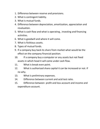 1. Difference between reserve and provisions.
2. What is contingent liability.
3. What is mutual funds.
4. Difference between depreciation, amortization, appreciation and
   revaluation.
5. What is cash flow and what is operating , investing and financing
   activities.
6. What is goodwill and where it will come.
7. What is fictitious assets.
8. Types of mutual funds.
9. If a company buy back its share from market what would be the
   effect on the company financial position.
10.       If a company buy a computer or any assets but not fixed
   assets in which head it will come under cash flow.
11.       What is break even point.
12.       What is authorized share capital it can be increased or not. If
   no why.
13.       What is preliminary expenses.
14.       Difference between current and acid test ratio.
15.       Difference between profit and loss account and income and
   expenditure account.
 