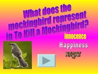 What does the mockingbird represent in To Kill a Mockingbird? Happiness innocence anger