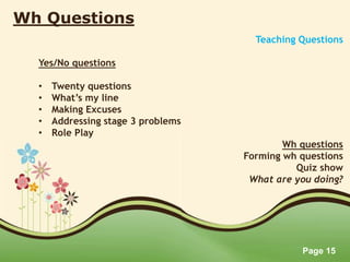 Page 15
Wh Questions
Teaching Questions
Yes/No questions
• Twenty questions
• What’s my line
• Making Excuses
• Addressing stage 3 problems
• Role Play
Wh questions
Forming wh questions
Quiz show
What are you doing?
 