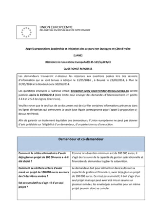 UNION EUROPEENNE
DELEGATION EN REPUBLIQUE DE COTE D'IVOIRE
Appel à propositions Leadership et initiatives des acteurs non Etatiques en Côte d'Ivoire
(LIANE)
RÉFÉRENCE DE PUBLICATION: EuropeAid/135-519/L/ACT/CI
QUESTIONS/ REPONSES
Les demandeurs trouveront ci-dessous les réponses aux questions posées lors des sessions
d'information qui se sont tenues à Abidjan le 13/05/2014 , à Bouaké le 22/05/2014, à Man le
27/05/2014 et à Bondoukou le 30/05/2014.
Les questions envoyées à l'adresse email: delegation-ivory-coast-tenders@eeas.europa.eu seront
publiées après le 24/06/2014 (date limite pour envoyer des demandes d'éclaircissement, cf. points
2.2.4 et 2.5.2 des lignes directrices) .
Veuillez noter que le seul but de ce document est de clarifier certaines informations présentes dans
les lignes directrices qui demeurent la seule base légale contraignante pour l'appel à proposition ci-
dessus référencé.
Afin de garantir un traitement équitable des demandeurs, l'Union européenne ne peut pas donner
d’avis préalable sur l’éligibilité d’un demandeur, d’un partenaire ou d’une action.
Demandeur et co-demandeur
Comment le critère éliminatoire d'avoir
déjà géré un projet de 100 00 euros a –t-il
été choisi ?
Comme la subvention minimum est de 100 000 euros, il
s'agit de s'assurer de la capacité de gestion opérationnelle et
financière du demandeur à gérer la subvention.
Comment se vérifie le critère d'avoir
mené un projet de 100 000 euros au cours
des 5 dernières années ?
Est-ce cumulatif ou s'agit –il d'un seul
projet ?
Le demandeur doit pour démontrer dans le dossier sa
capacité de gestion et financière, avoir déjà géré un projet
de 100 000 euros. Ce n'est pas cumulatif, il doit s'agir d'un
seul projet mais qui peut avoir été mis en œuvre sur
plusieurs années, les enveloppes annuelles pour un même
projet peuvent donc se cumuler.
 