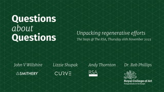 Questions
about
Questions
John V Willshire Lizzie Shupak Andy Thornton Dr. Rob Phillips
The Steps @ The RSA, Thursday 16th November 2023
Unpacking regenerative efforts
 