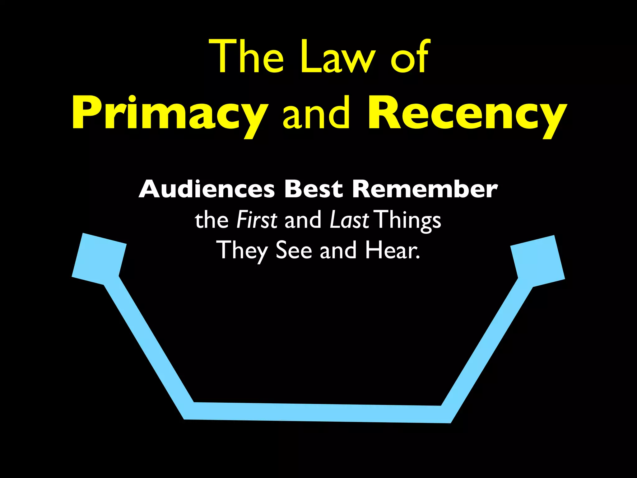 The Law of 
Primacy and Recency 
Audiences Best Remember 
the First and Last Things 
They See and Hear. 
 