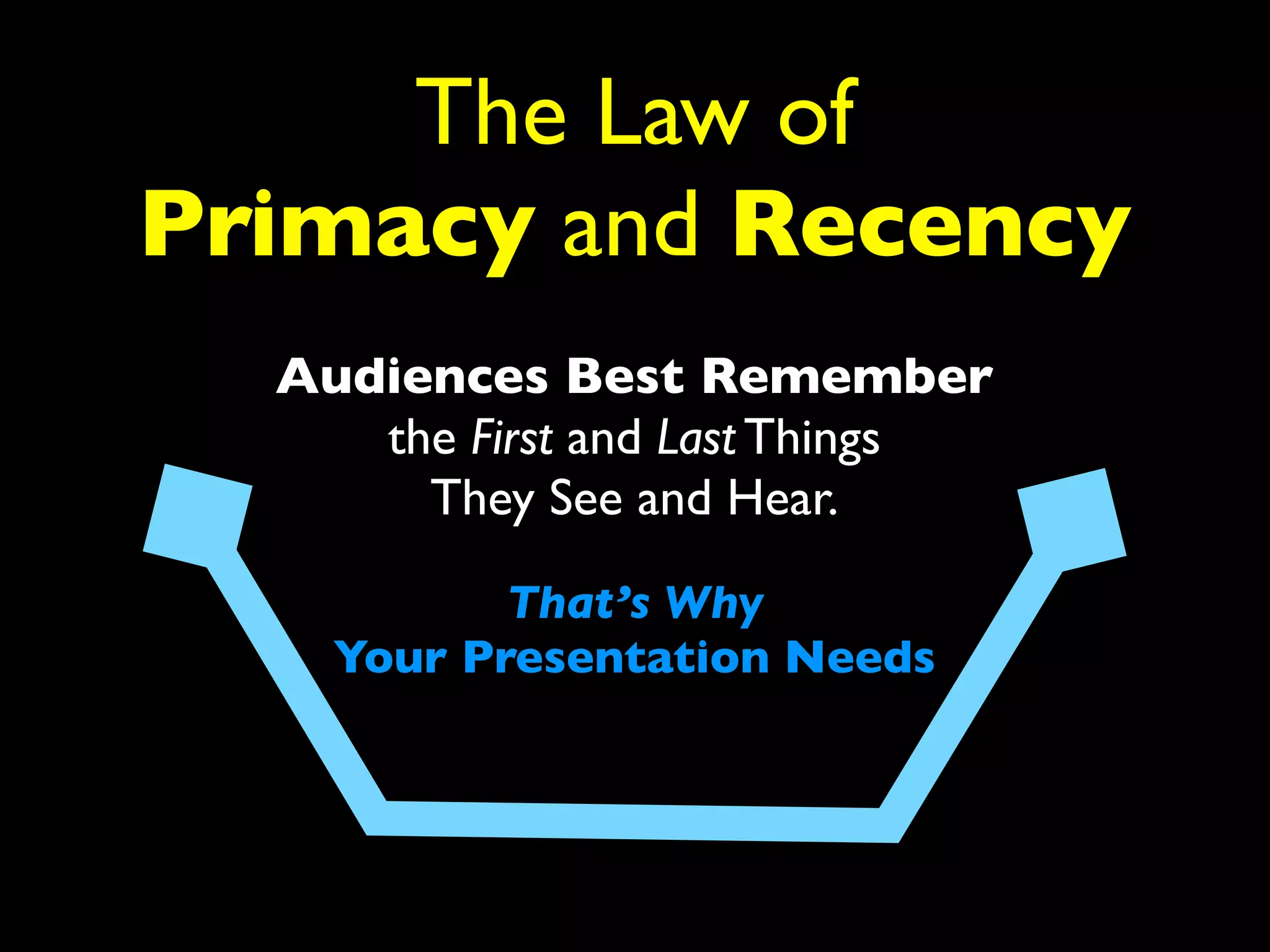 The Law of 
Primacy and Recency 
Audiences Best Remember 
the First and Last Things 
They See and Hear. 
That’s Why 
Your Presentation Needs 
 