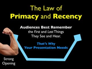 The Law of 
Primacy and Recency 
Audiences Best Remember 
the First and Last Things 
They See and Hear. 
That’s Why 
Your Presentation Needs 
Strong 
Opening 
 