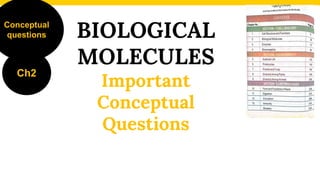 BIOLOGICAL
MOLECULES
Important
Conceptual
Questions
Conceptual
questions
Ch2
 