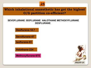 Which inhalational anaesthetic has got the highest
O/G partition co-efficient?
Halothane-224
Isoflurane-91
Methoxyflurane-970
Desflurane-18.7
Sevoflurane-47
SEVOFLURANE ISOFLURANE HALOTHANE METHOXYFLURANE
DESFLURANE
25
PREPP-19
 