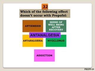 Which of the following effect
doesn’t occur with Propofol:
ANTIEMESIS
SENSE OF
WELL BEING
AFTER
RECOVERY
ANTANALGESIA MYOCLONUS
ADDICTION
ANTANALGESIA
32
PREPP-19
 