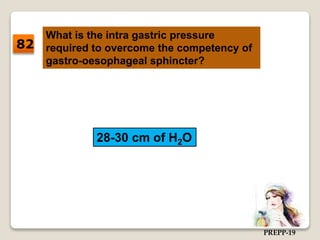What is the intra gastric pressure
required to overcome the competency of
gastro-oesophageal sphincter?
28-30 cm of H2O
82
PREPP-19
 