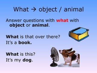 What    object / animal Answer questions with  what   with  object  or  animal . What  is that over there? It’s a  book. What  is this? It’s my  dog . 