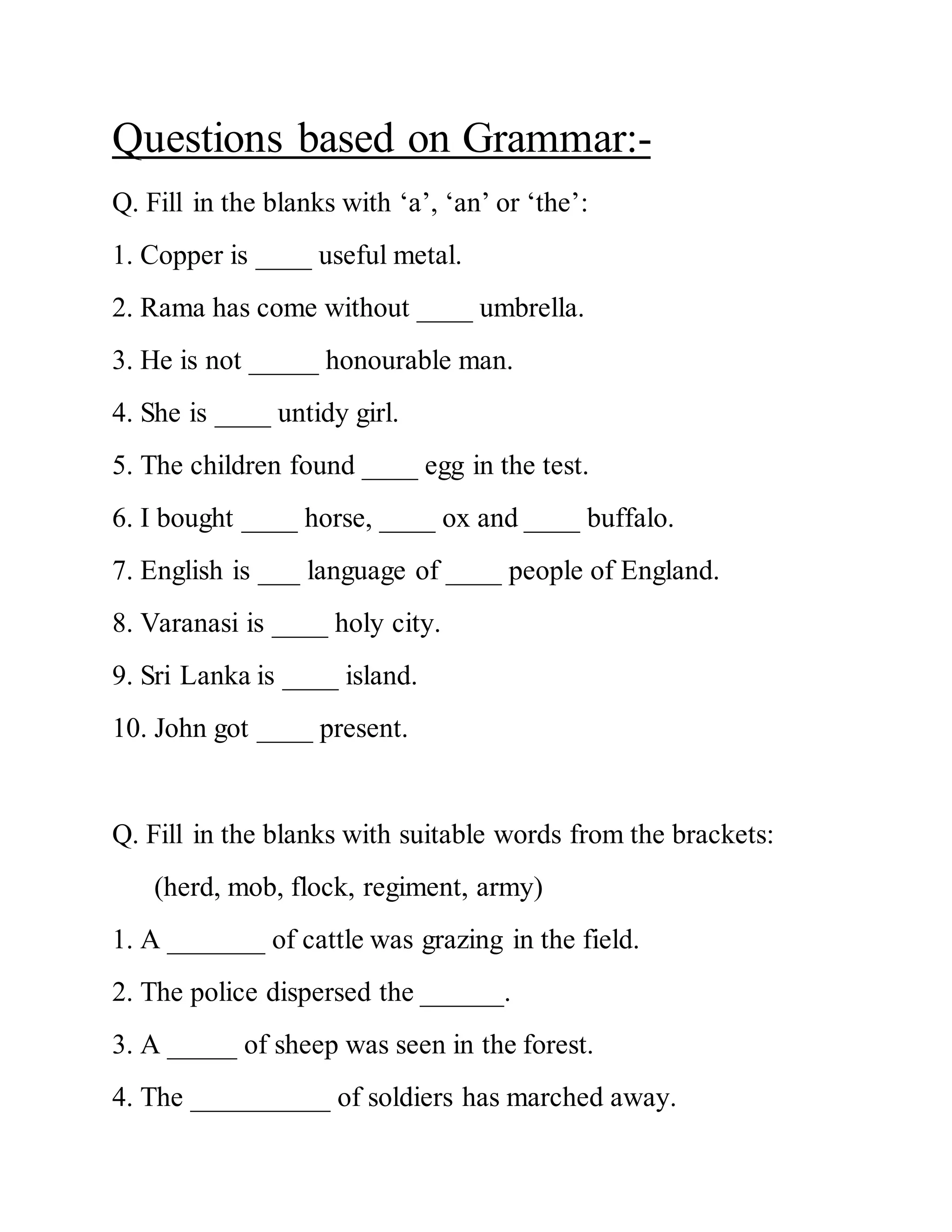 Grammer Problem/question Questions based on grammar | DOCX