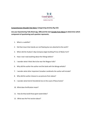 Comprehension Shouldn’t Be Silent: Categorizing Activity (Pg.122) <br />Use your Questioning Tally Sheet (pg. 209) and the text Canada From Above to determine which component of questioning each question represents. <br />,[object Object]