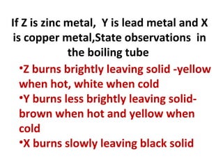 If Z is zinc metal, Y is lead metal and X
is copper metal,State observations in
the boiling tube
•Z burns brightly leaving solid -yellow
when hot, white when cold
•Y burns less brightly leaving solid-
brown when hot and yellow when
cold
•X burns slowly leaving black solid
 