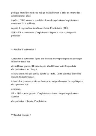 politique financière ou fiscale puisqu’il calculé avant la prise en compte des
amortissements et des
impôts. L’EBE mesure la rentabilité des seules opérations d’exploitation a
consommé. Si le solde est
négatif, il s’agira d’une insuffisance brute d’exploitation (IBE).
EBE = VA + subventions d’exploitation – impôts et taxes – charges de
personnel
8*Résultat d’exploitation ?
Le résultat d’exploitation figure à la fois dans le comptede produits et charges
en liste et dans l’état
des soldes de gestion. RE qui est égale à la différence entre les produits
d’exploitation et les charges
d’exploitation peut être calculé à partir de l’EBE. Le RE constitue une bonne
mesure des performances
industrielles et commerciales de l’entreprise indépendamment de sa politique et
des opérations non
courantes.
RE = EBE + Autre produits d’exploitation – Autre charge d’exploitation –
Dotation
d’exploitation + Reprise d’exploitation
9*Résultat financier ?
 
