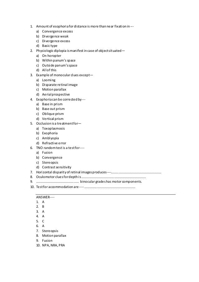 BINOCULAR VISION M.C.Q QUESTION
