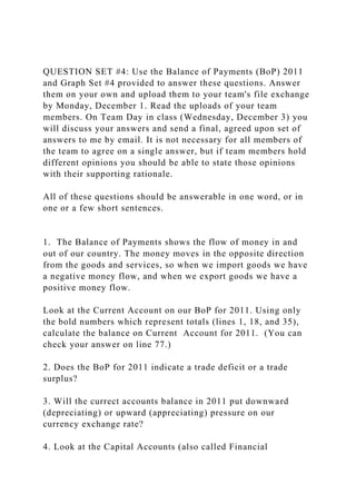 QUESTION SET #4: Use the Balance of Payments (BoP) 2011
and Graph Set #4 provided to answer these questions. Answer
them on your own and upload them to your team's file exchange
by Monday, December 1. Read the uploads of your team
members. On Team Day in class (Wednesday, December 3) you
will discuss your answers and send a final, agreed upon set of
answers to me by email. It is not necessary for all members of
the team to agree on a single answer, but if team members hold
different opinions you should be able to state those opinions
with their supporting rationale.
All of these questions should be answerable in one word, or in
one or a few short sentences.
1. The Balance of Payments shows the flow of money in and
out of our country. The money moves in the opposite direction
from the goods and services, so when we import goods we have
a negative money flow, and when we export goods we have a
positive money flow.
Look at the Current Account on our BoP for 2011. Using only
the bold numbers which represent totals (lines 1, 18, and 35),
calculate the balance on Current Account for 2011. (You can
check your answer on line 77.)
2. Does the BoP for 2011 indicate a trade deficit or a trade
surplus?
3. Will the currect accounts balance in 2011 put downward
(depreciating) or upward (appreciating) pressure on our
currency exchange rate?
4. Look at the Capital Accounts (also called Financial
 