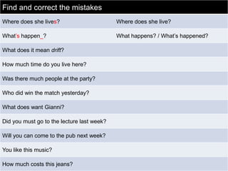 Find and correct the mistakes
Where does she lives?

Where does she live?

What’s happen_?

What happens? / What’s happened?

What does it mean drift?
How much time do you live here?

Was there much people at the party?
Who did win the match yesterday?
What does want Gianni?
Did you must go to the lecture last week?
Will you can come to the pub next week?
You like this music?
How much costs this jeans?

 