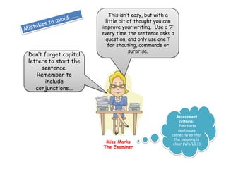 Don’t forget capital
letters to start the
sentence.
Remember to
include
conjunctions...

This isn’t easy, but with a
little bit of thought you can
improve your writing. Use a ‘?’
every time the sentence asks a
question, and only use one ‘!’
for shouting, commands or
surprise.

Miss Marks
The Examiner

Assessment
criteria:
Punctuate
sentences
correctly so that
the meaning is
clear (Ws/L1.3)

 
