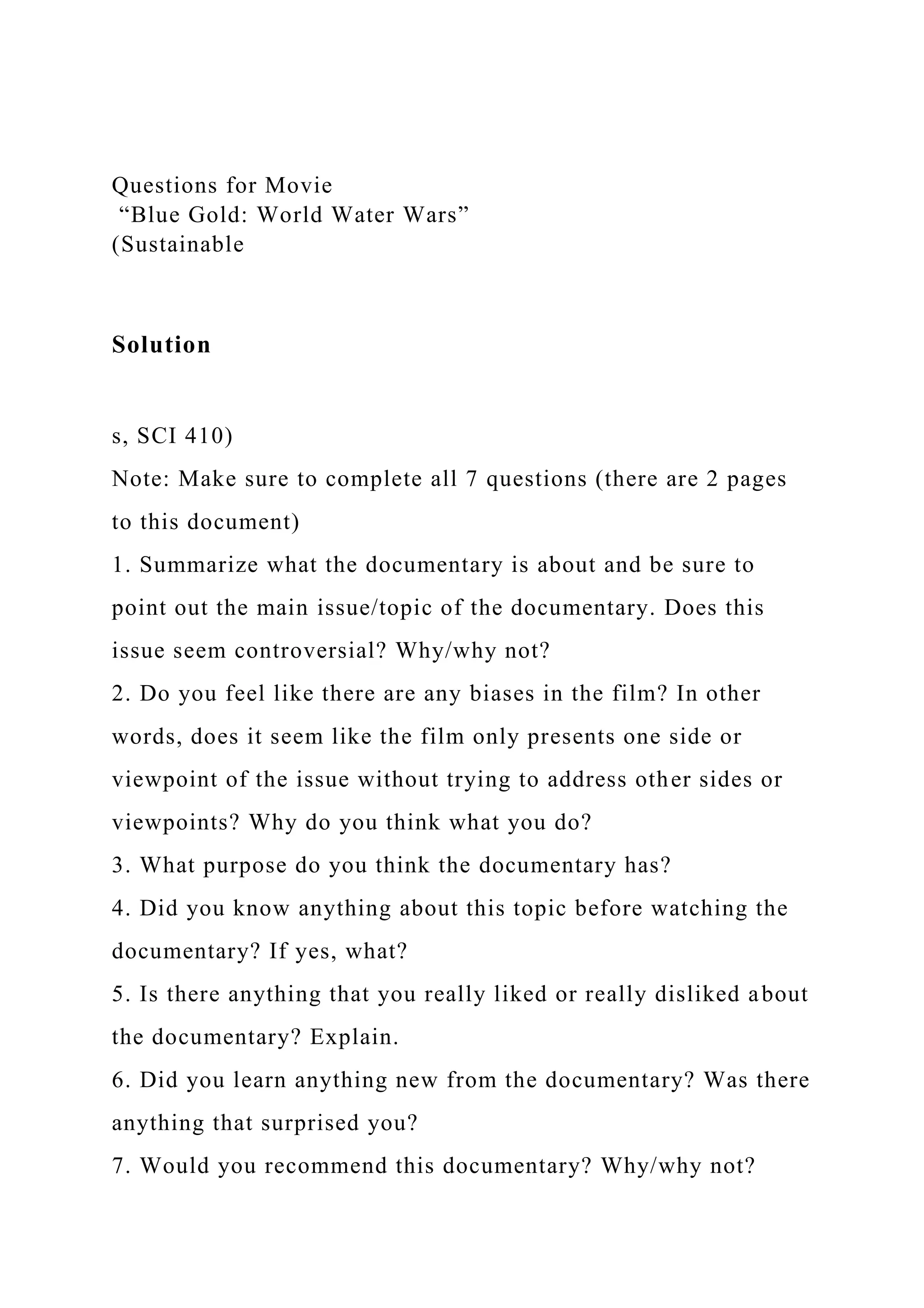Questions for Movie Blue Gold World Water Wars”(Sustainable .docx