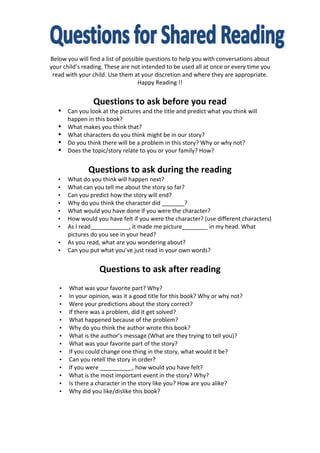Below	
  you	
  will	
  find	
  a	
  list	
  of	
  possible	
  questions	
  to	
  help	
  you	
  with	
  conversations	
  about	
  
          your	
  child’s	
  reading.	
  These	
  are	
  not	
  intended	
  to	
  be	
  used	
  all	
  at	
  once	
  or	
  every	
  time	
  you	
  
           read	
  with	
  your	
  child.	
  Use	
  them	
  at	
  your	
  discretion	
  and	
  where	
  they	
  are	
  appropriate.	
  
                                                                   Happy	
  Reading	
  !!       	
  
       	
  
                                      Questions	
  to	
  ask	
  before	
  you	
  read	
  
               • Can	
  you	
  look	
  at	
  the	
  pictures	
  and	
  the	
  title	
  and	
  predict	
  what	
  you	
  think	
  will	
  
                 happen	
  in	
  this	
  book?	
  
               • What	
  makes	
  you	
  think	
  that?	
  
               • What	
  characters	
  do	
  you	
  think	
  might	
  be	
  in	
  our	
  story?	
  
               • Do	
  you	
  think	
  there	
  will	
  be	
  a	
  problem	
  in	
  this	
  story?	
  Why	
  or	
  why	
  not?	
  
               • Does	
  the	
  topic/story	
  relate	
  to	
  you	
  or	
  your	
  family?	
  How?	
  
                            	
  
                                   Questions	
  to	
  ask	
  during	
  the	
  reading	
  
               •     What	
  do	
  you	
  think	
  will	
  happen	
  next?	
  
               •     What	
  can	
  you	
  tell	
  me	
  about	
  the	
  story	
  so	
  far?	
  
               •     Can	
  you	
  predict	
  how	
  the	
  story	
  will	
  end?	
  
               •     Why	
  do	
  you	
  think	
  the	
  character	
  did	
  _______?	
  
               •     What	
  would	
  you	
  have	
  done	
  if	
  you	
  were	
  the	
  character?	
  
               •     How	
  would	
  you	
  have	
  felt	
  if	
  you	
  were	
  the	
  character?	
  (use	
  different	
  characters)	
  
               •     As	
  I	
  read____________,	
  it	
  made	
  me	
  picture________	
  in	
  my	
  head.	
  What	
  
                     pictures	
  do	
  you	
  see	
  in	
  your	
  head?	
  
               •     As	
  you	
  read,	
  what	
  are	
  you	
  wondering	
  about?	
  
               •     Can	
  you	
  put	
  what	
  you’ve	
  just	
  read	
  in	
  your	
  own	
  words?	
  
                     	
  
                                          Questions	
  to	
  ask	
  after	
  reading	
  
               •       What	
  was	
  your	
  favorite	
  part?	
  Why?	
  
               •       In	
  your	
  opinion,	
  was	
  it	
  a	
  good	
  title	
  for	
  this	
  book?	
  Why	
  or	
  why	
  not?	
  
               •       Were	
  your	
  predictions	
  about	
  the	
  story	
  correct?	
  
               •       If	
  there	
  was	
  a	
  problem,	
  did	
  it	
  get	
  solved?	
  
               •       What	
  happened	
  because	
  of	
  the	
  problem?	
  
               •       Why	
  do	
  you	
  think	
  the	
  author	
  wrote	
  this	
  book?	
  
               •       What	
  is	
  the	
  author’s	
  message	
  (What	
  are	
  they	
  trying	
  to	
  tell	
  you)?	
  
               •       What	
  was	
  your	
  favorite	
  part	
  of	
  the	
  story?	
  
               •       If	
  you	
  could	
  change	
  one	
  thing	
  in	
  the	
  story,	
  what	
  would	
  it	
  be?	
  
               •       Can	
  you	
  retell	
  the	
  story	
  in	
  order?	
  
               •       If	
  you	
  were	
  __________,	
  how	
  would	
  you	
  have	
  felt?	
  
               •       What	
  is	
  the	
  most	
  important	
  event	
  in	
  the	
  story?	
  Why?	
  
               •       Is	
  there	
  a	
  character	
  in	
  the	
  story	
  like	
  you?	
  How	
  are	
  you	
  alike?	
  
               •       Why	
  did	
  you	
  like/dislike	
  this	
  book?	
  
                       	
  
	
  
 