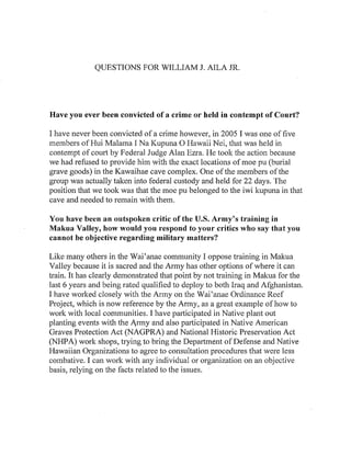 William Aila Questionnaire and Résume