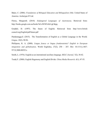 Baker, C. (2006). Foundations of Bilingual Education and Bilingualism (4th). United States of
America: Archetype-IT Ltd.
Florey, Margareth. (2010). Endangered Languages of Austronesia. Retrieved from:
http://books.google.com.au/books?id=eNF4FxSd-LgC&pg
Graddol, D. (1997). The future of English. Retrieved from http://www.british
council.org/English/pdf/future.pdf
Pandarangga,S. (2015). The Transformation of English as a Global Language in the World.
Lingua, 10(2), 90-96.
Phillipson, R. A. (2008). Lingua franca or lingua frankensteinia? English in European
integration and globalisation. World Englishes, 27(2), 250 – 267. Doi: 10.1111/j.1467-
971X.2008.00555.x
Smith, L. (1976). English as an international auxiliary language. RELC Journal, 7(2), 38-42.
Tsuda,Y. (2008). English Hegemony and English Divide. China Media Research, 4(1), 47-55.
 
