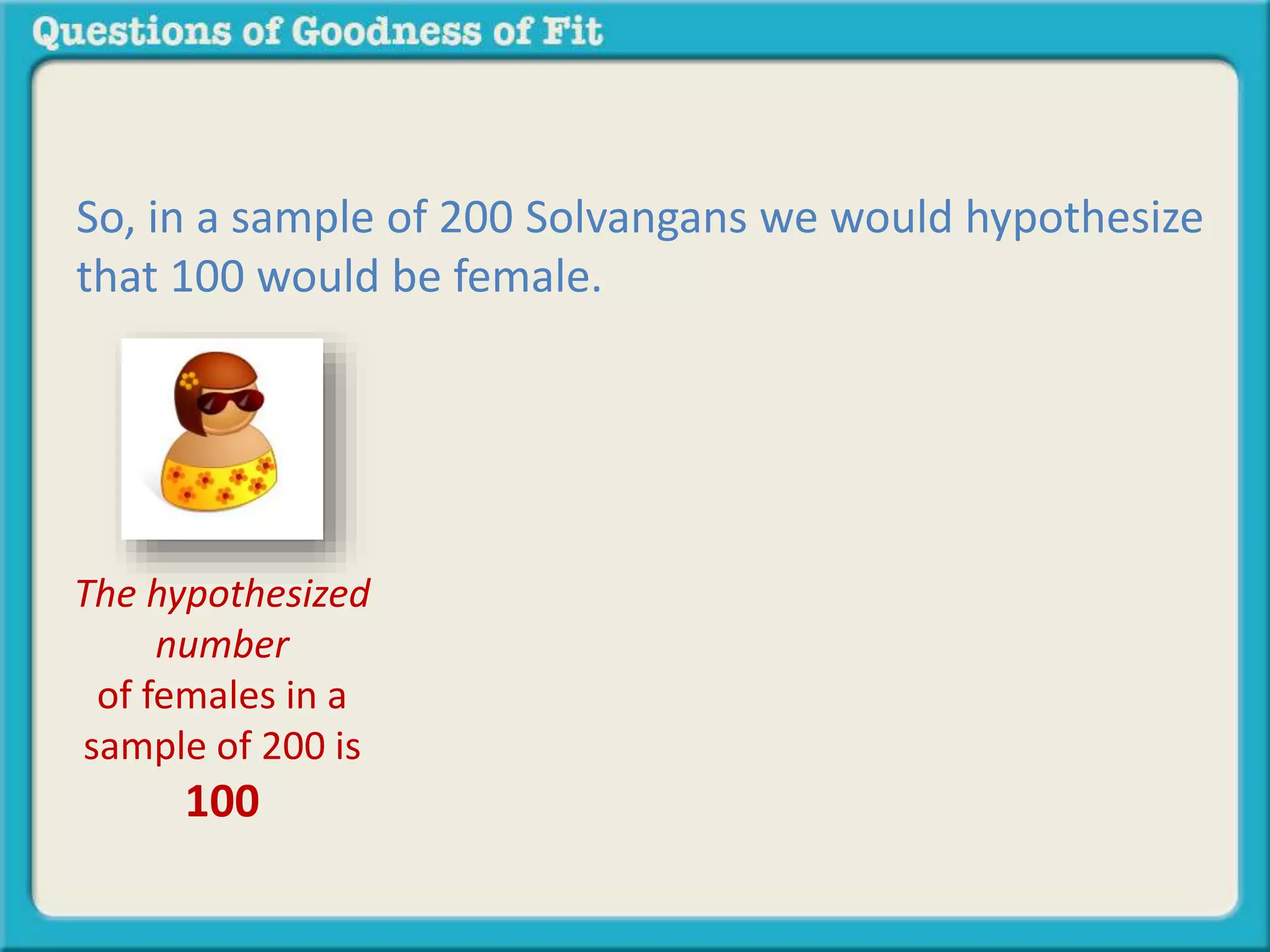 So, in a sample of 200 Solvangans we would hypothesize 
that 100 would be female. 
The hypothesized 
number 
of females in a 
sample of 200 is 
100 
 