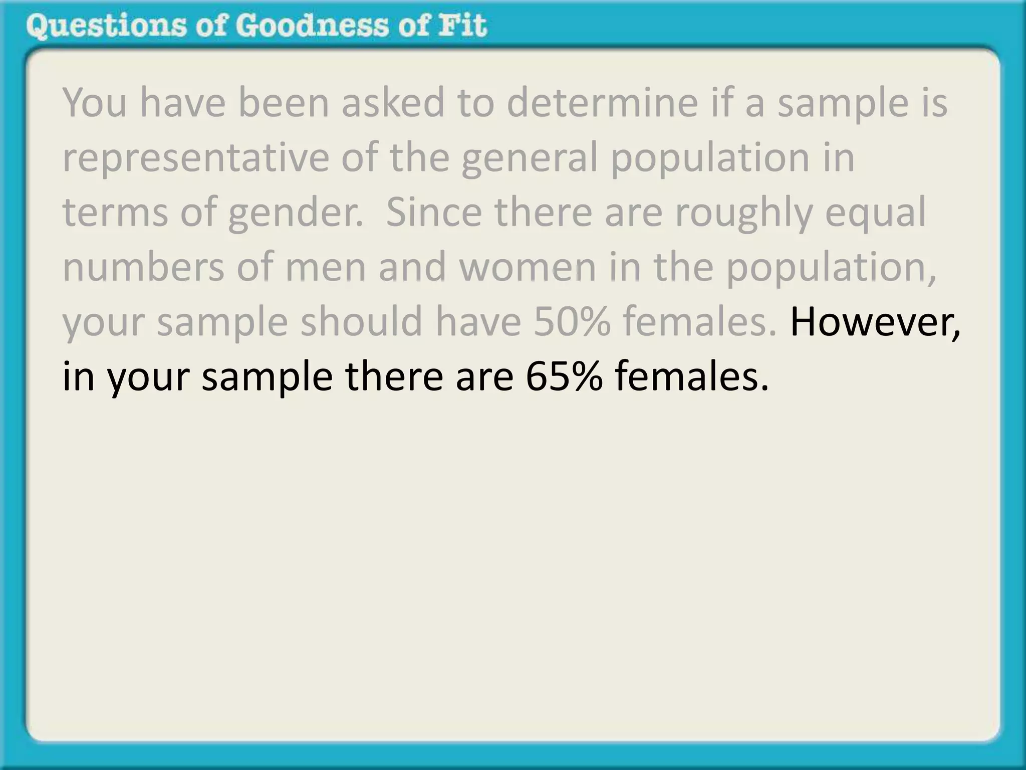 You have been asked to determine if a sample is 
representative of the general population in 
terms of gender. Since there are roughly equal 
numbers of men and women in the population, 
your sample should have 50% females. However, 
in your sample there are 65% females. 
 